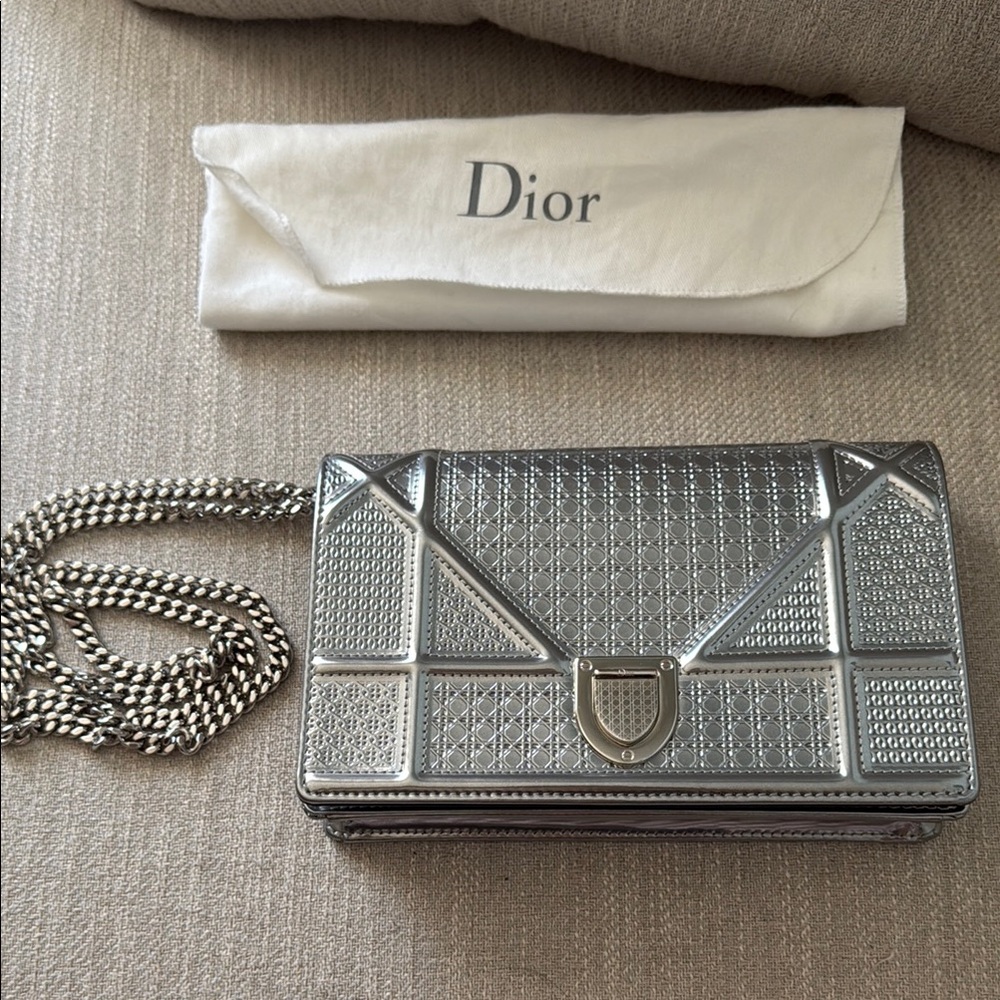 Dior metallic patent micro cannage bag